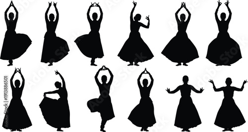 Traditional Indian classical dancer silhouette set, Bharatanatyam mudra poses woman in long dress black vector isolated on white