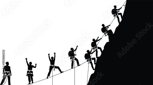 Mountain climbers silhouettes, teamwork perseverance illustration, rope climbing artwork, adventure sports awareness, outdoor expedition design, mountaineering challenge poster