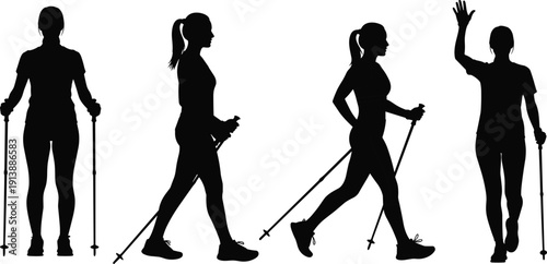 Nordic walking silhouettes, fitness activity illustration, outdoor exercise artwork, healthy lifestyle design, walking poles awareness poster, recreational sports collection