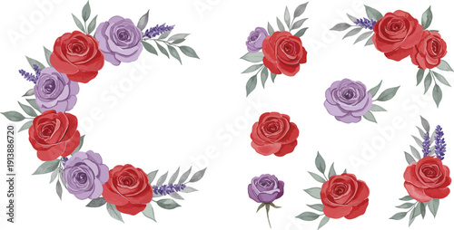 Watercolor roses and leaves arrangement in a semicircle and scattered floral elements on a white background