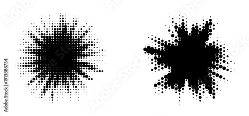 Halftone blast burst effect, bold dot explosion splash isolated element. Vector star shape with radial flare and grunge texture, retro bitmap pixel style for graphic design.