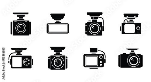 Black and white icons depicting various dash cam designs and orientations