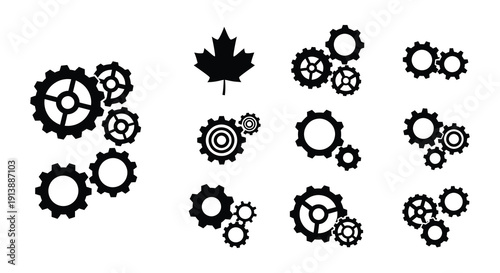 Black and white icons depicting gears a maple leaf and circular designs