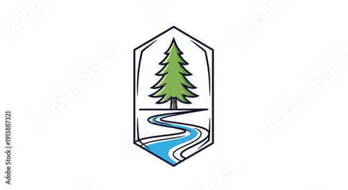 Evergreen tree and river in a hexagon frame, nature and outdoor adventure