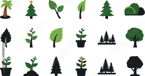 Professional minimalist nature icon set featuring flat vector trees, potted plants, forest silhouettes, and ecological symbols for web and UI design