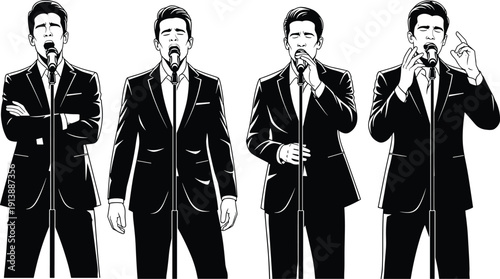 Male singer performing on stage with microphone stand, elegant suit black white vector illustration isolated on white
