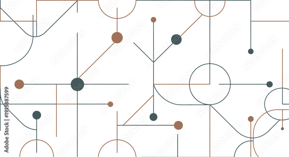 Naklejka premium Abstract geometric pattern with interconnected lines, circles, and dots in muted tones on a white background.