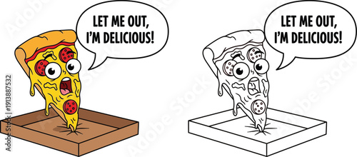Humorous Pizza Slice Yelling Let Me Out I am Delicious from a Box Cartoon Vector