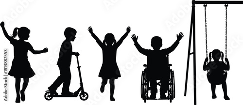 Happy children playing silhouettes set, kids jumping scooter wheelchair swing isolated on white background inclusive playground vector