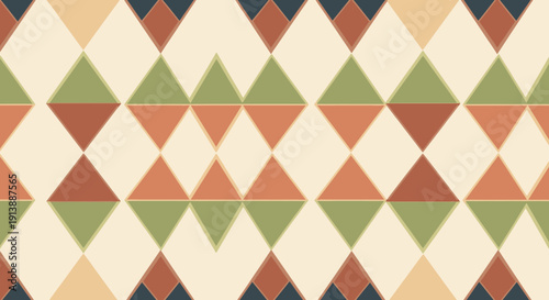Seamless geometric pattern featuring repeating diamond shapes in cream, orange, green, and dark blue, creating a retro abstract design.
