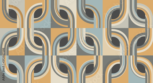 Retro geometric pattern with interlocking curved lines in muted orange, blue, and grey tones, creating a seamless abstract design.