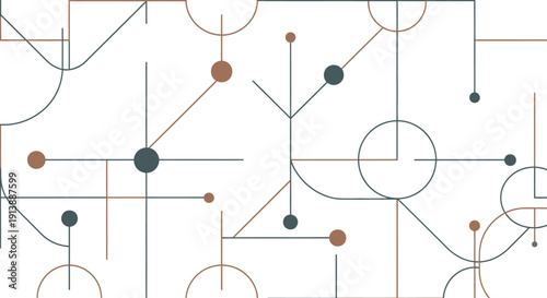 Abstract geometric pattern with interconnected lines, circles, and dots in muted tones on a white background.