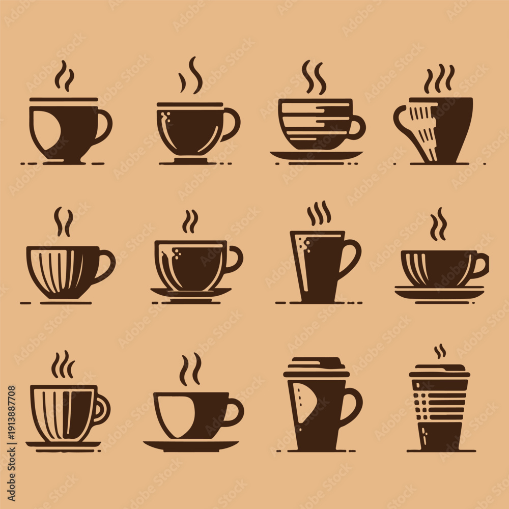 Obraz premium Coffee and Beverage Symbol Set – 12 Elegant Brown Solid Graphics Representing Various Mugs, Cups, and Steaming Hot Drinks for Cafe Branding