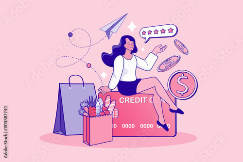 Financial freedom through digital payment and credit card rewards. Practical scene for banking services, cash back benefits, and consumer shopping habits in modern retail industry.