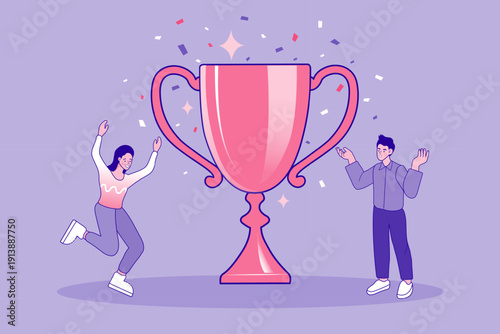Success and achievement concept with happy people celebrating near giant trophy. Professional flat vector illustration of winners with award cup and confetti for business goal accomplishment.