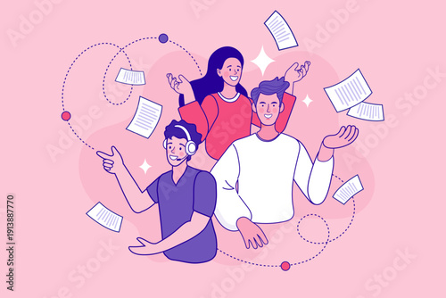 Professional colleagues and customer service agent managing document workflow. Flat vector illustration of office people coordinating data and paperwork for business productivity concept.