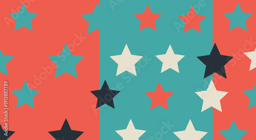 A vibrant graphic pattern featuring an array of colorful stars against a segmented background of red and teal, creating a playful and abstract design.