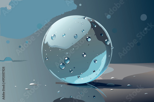 Abstract Glass Sphere with Water Droplets on Blue and Grey Background