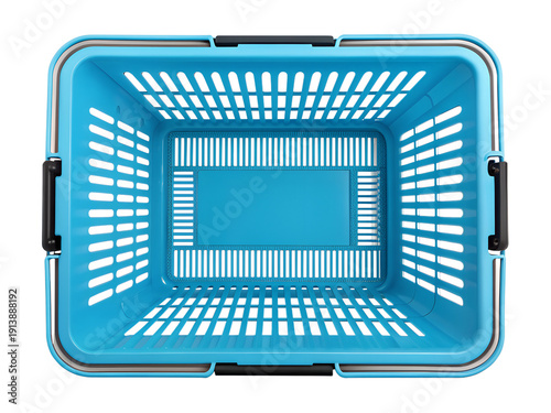 Blue shopping basket top view, Empty blue supermarket hand basket, Bright blue plastic grocery carrier, Vivid blue checkout shopping basket, Blue retail store basket overhead photo