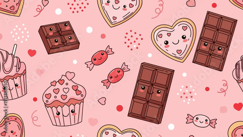 Cute Kawaii Sweets Pattern with Hearts and Candies