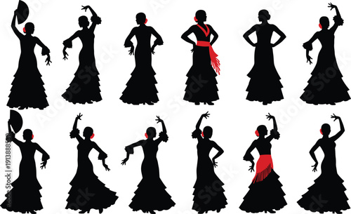 Flamenco dancer silhouette set, Spanish traditional dance woman with fan and red shawl isolated on white background