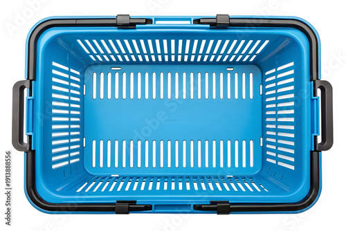 Blue shopping basket top view, Empty blue supermarket hand basket, Bright blue plastic grocery carrier, Vivid blue checkout shopping basket, Blue retail store basket overhead photo