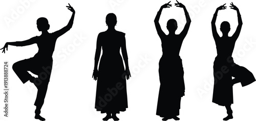 Female ballet dancers silhouette collection, classical dance poses standing and performing isolated black vector illustration on white background