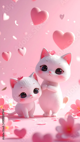 Sweetheart Kittens' Serenade of Affection: Adorable, cartoon-like kittens, adorned with a sweet bow, stand amidst delicate floating hearts, and cherry blossoms, a symphony of love and tenderness.
