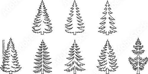 Set of various outline evergreen trees minimalist vector illustrations perfect for nature forest or holiday designs isolated on white background