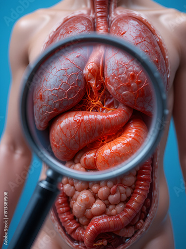 Inflamed internal organs of a human medical mockup under a magnifying glass on a blue background. Liver cirrhosis, pancreatitis and splenomegaly, close-up