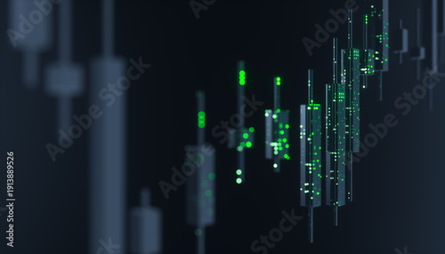 Futuristic candlestick trading chart with data points. AI financial market concept. 3d rendering