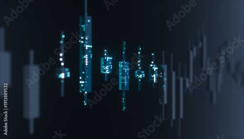 Futuristic candlestick trading chart with data points. AI financial market concept. 3d rendering
