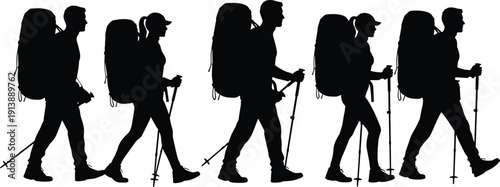 Backpacker couple walking silhouette set, hikers with large backpacks and trekking poles isolated on white background vector