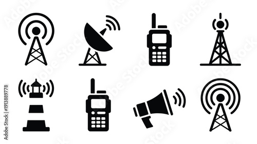 black and white icons of communication devices and towers on white background