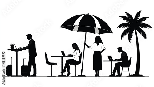 Black digital nomads global teams Silhouette Vector, High Quality Illustration on White Background