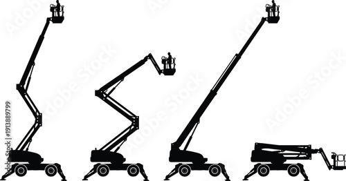 Aerial work platform silhouettes set, articulated boom lift machines with operators isolated on white background illustration