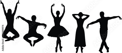 Ballet and contemporary dancers silhouette set, male and female dance poses black vector isolated on white background