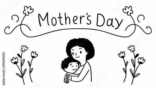 A Black mother smiles as she hugs her young son, surrounded by delicate flowers, with the phrase "Happy Mother's Day" in elegant typography.