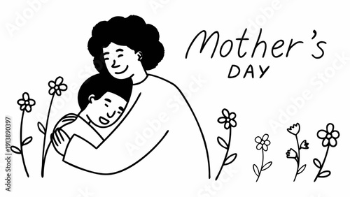 A Black mother smiles as she hugs her young son, surrounded by delicate flowers, with the phrase "Happy Mother's Day" in elegant typography.