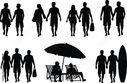 Beach couples silhouettes, vacation leisure illustration, diverse companionship artwork, travel lifestyle awareness, inclusive tourism design, summer holiday relaxation poster