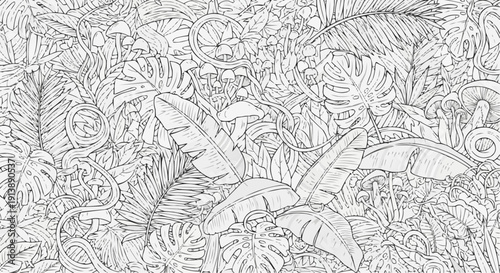 Black and White Botanical Doodle Illustration Full Page Packed Coloring Book Style