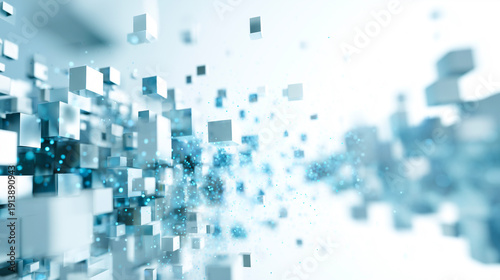 白とブルーのデジタルキューブが浮遊する幾何学的な抽象背景