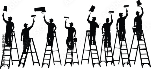 Construction workers on ladders, painting silhouettes, teamwork illustration, renovation labor design, occupational safety awareness, industrial workplace prevention poster