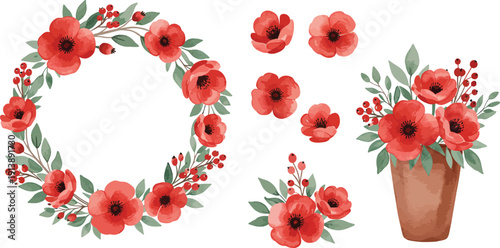 Watercolor poppy flowers in a vase and wreath with leaves and buds on white background