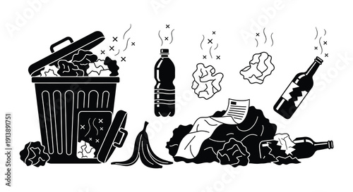 Overflowing trash can with scattered waste and discarded items