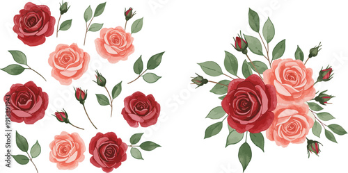 Two arrangements of red and pink roses with green leaves on white background for decoration or design