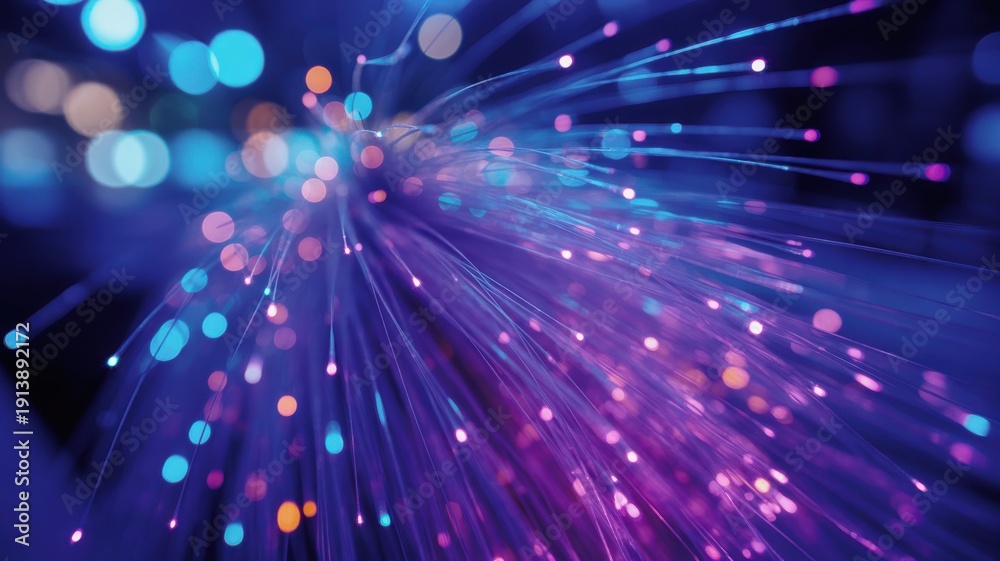 Obraz premium Abstract fiber optic background with glowing blue and purple light strands in dark space