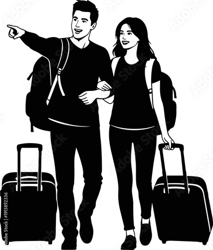 Traveling couple with suitcases silhouette, man pointing for destination, woman walking with luggage, summer vacation trip, adventure together, black vector illustration.