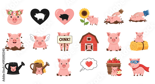 Collection of adorable cartoon pigs in various poses and activities on a white background