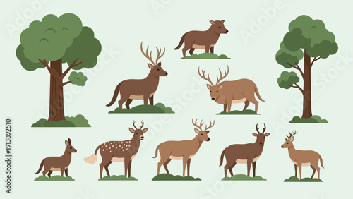 Set of stylized deer and trees in a simple, flat design